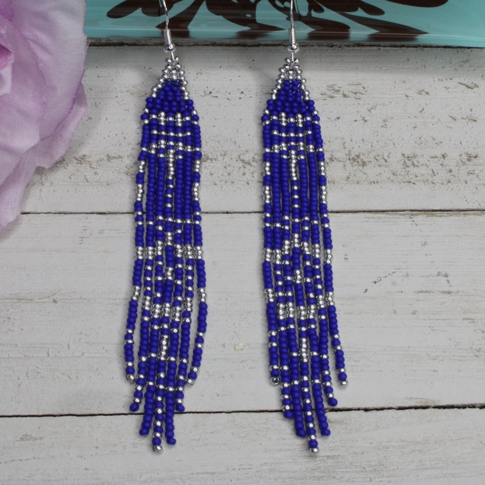 Handmade Seed Beaded Earrings Royal Blue and Silver Dangle Earrings 4.5” New